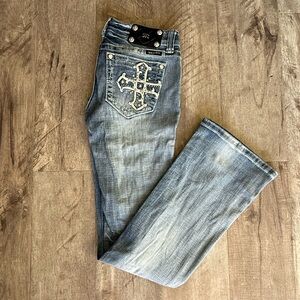 Miss Me Y2K Women’s Buckle Distressed Embellished Light Denim Bootcut Jeans 28